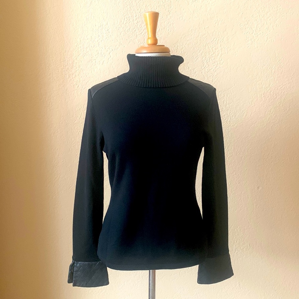 Unique vintage superfine merino turtleneck with leather cuffs and shoulders